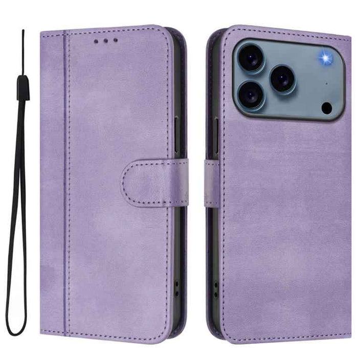 For iPhone 17 Pro Line Splicing Buckle Retro Leather Phone Case(Purple)
