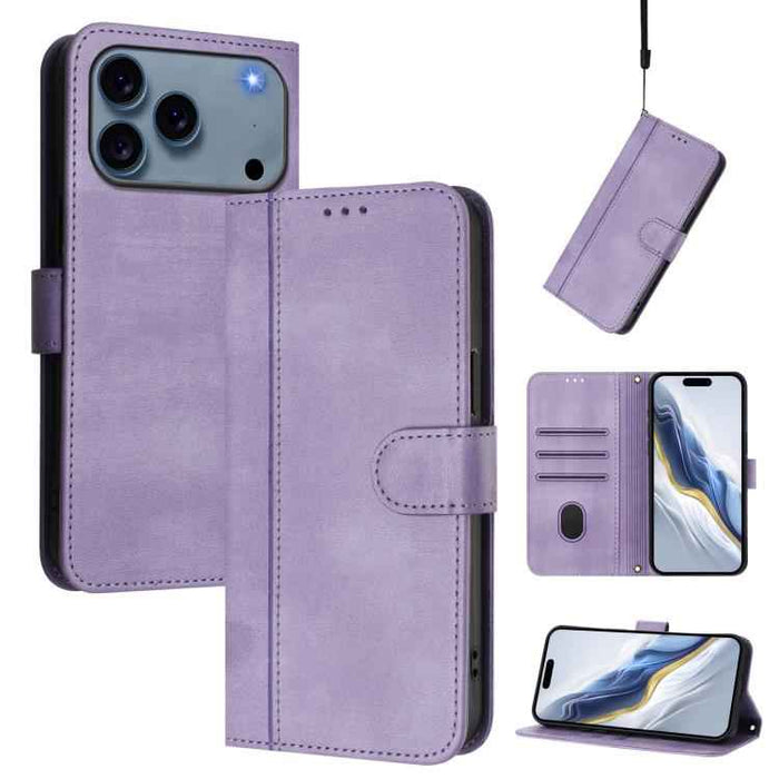 For iPhone 17 Pro Line Splicing Buckle Retro Leather Phone Case(Purple)