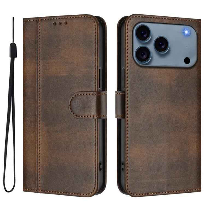 For iPhone 17 Pro Line Splicing Buckle Retro Leather Phone Case(Brown)