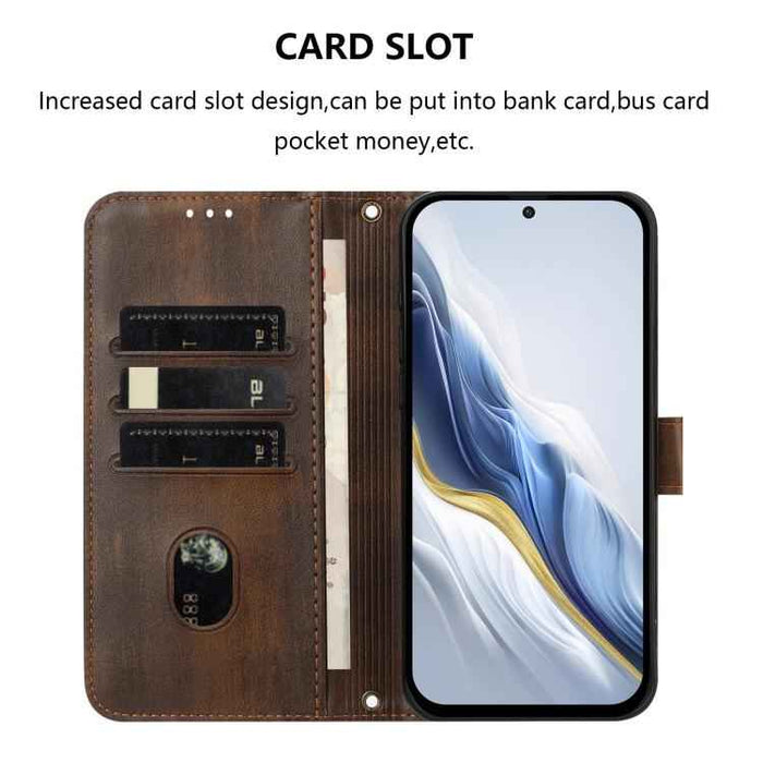 For iPhone 17 Pro Line Splicing Buckle Retro Leather Phone Case(Brown)