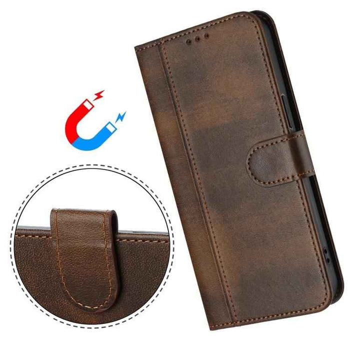 For iPhone 17 Pro Line Splicing Buckle Retro Leather Phone Case(Brown)