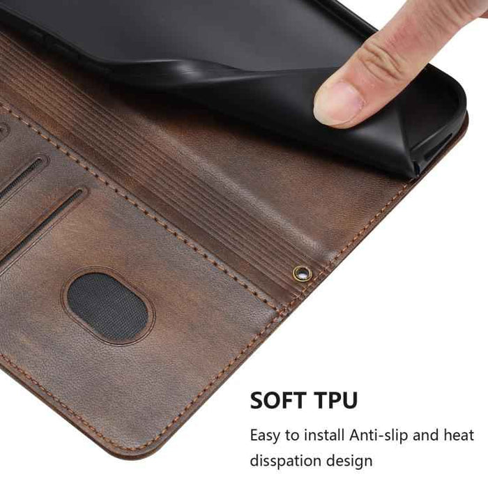 For iPhone 17 Pro Line Splicing Buckle Retro Leather Phone Case(Brown)