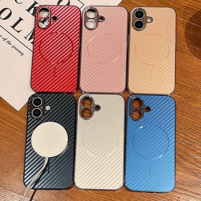 For iPhone 16e Plating Carbon Fiber MagSafe Full Coverage Phone Case(Gold)