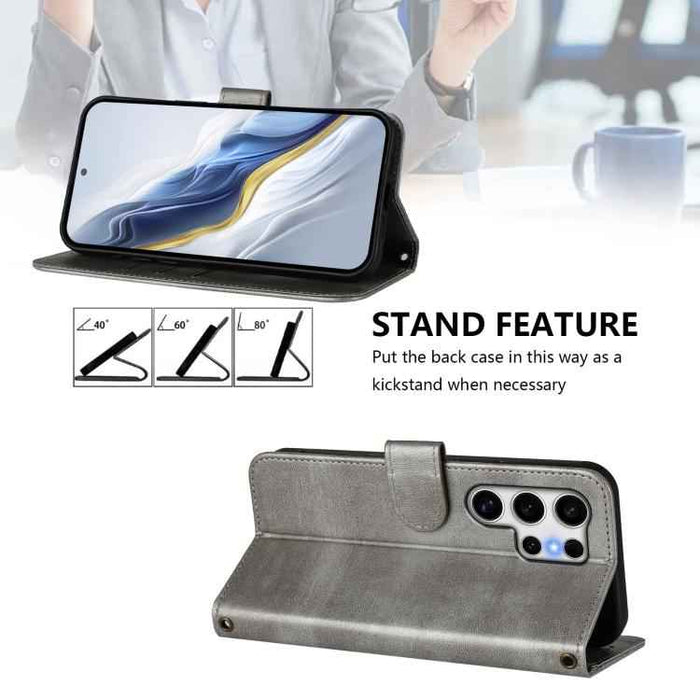 For Samsung Galaxy S25 Ultra 5G Line Splicing Buckle Retro Leather Phone Case(Grey)