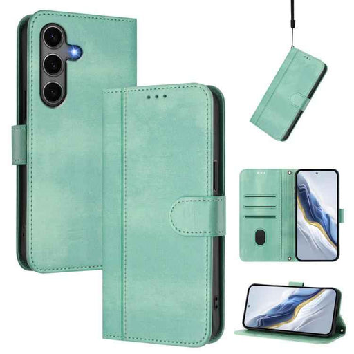 For Samsung Galaxy S25 / S24 5G Line Splicing Buckle Retro Leather Phone Case(Mint Green)