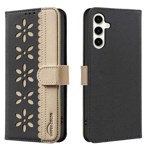 For Samsung Galaxy S25 / S24 5G Splicing Color Hollow Flower Pattern RFID Leather Phone Case(Black)