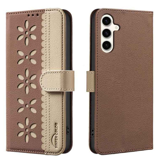 For Samsung Galaxy S25 / S24 5G Splicing Color Hollow Flower Pattern RFID Leather Phone Case(Brown)