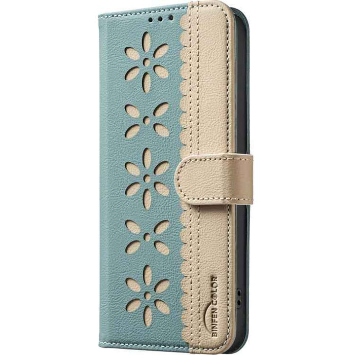 For Samsung Galaxy S25 / S24 5G Splicing Color Hollow Flower Pattern RFID Leather Phone Case(Green)