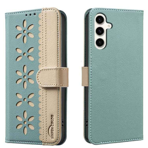 For Samsung Galaxy S25 / S24 5G Splicing Color Hollow Flower Pattern RFID Leather Phone Case(Green)