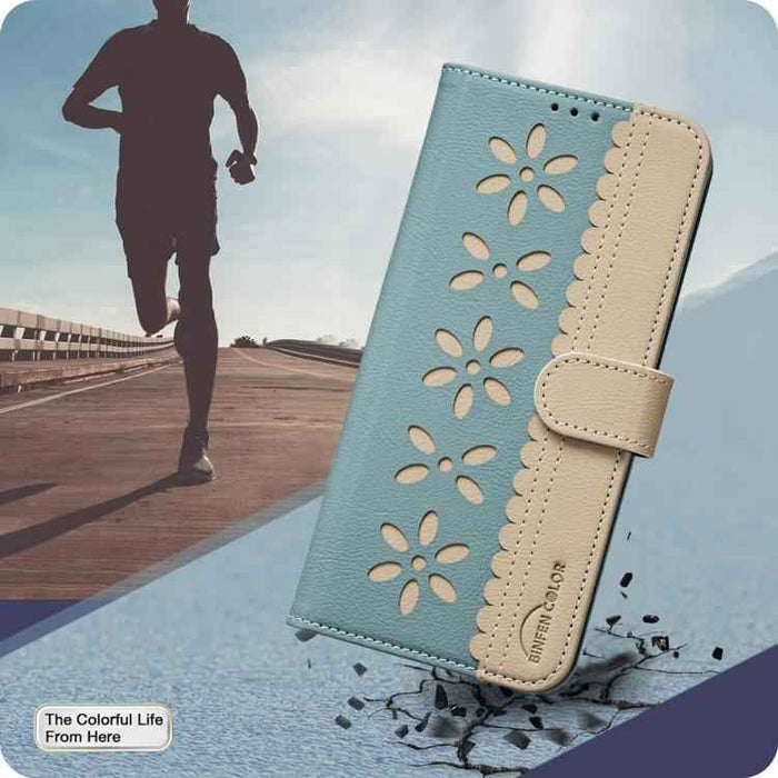 For Samsung Galaxy S25 / S24 5G Splicing Color Hollow Flower Pattern RFID Leather Phone Case(Green)