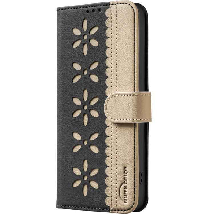 For Samsung Galaxy S25 Ultra 5G Splicing Color Hollow Flower Pattern RFID Leather Phone Case(Black)