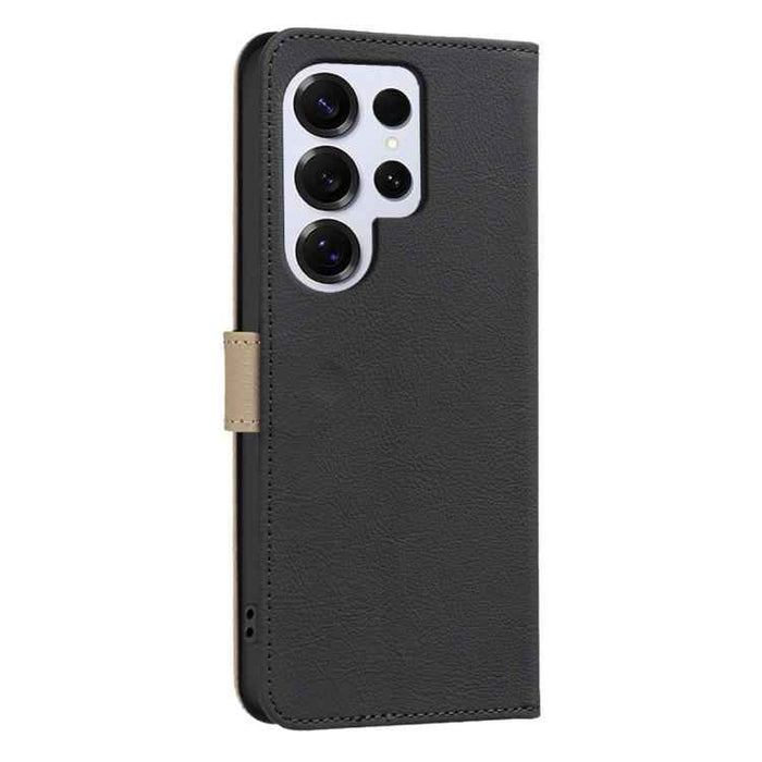 For Samsung Galaxy S25 Ultra 5G Splicing Color Hollow Flower Pattern RFID Leather Phone Case(Black)
