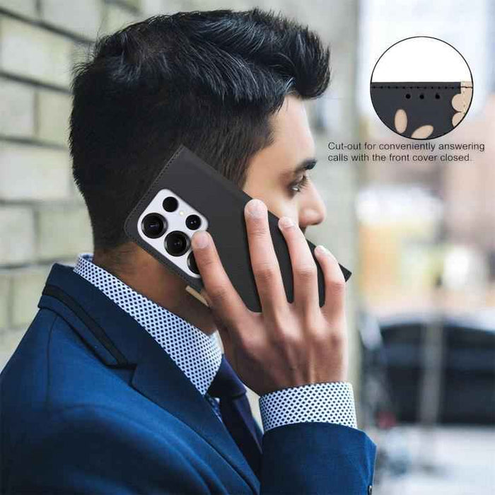 For Samsung Galaxy S25 Ultra 5G Splicing Color Hollow Flower Pattern RFID Leather Phone Case(Black)