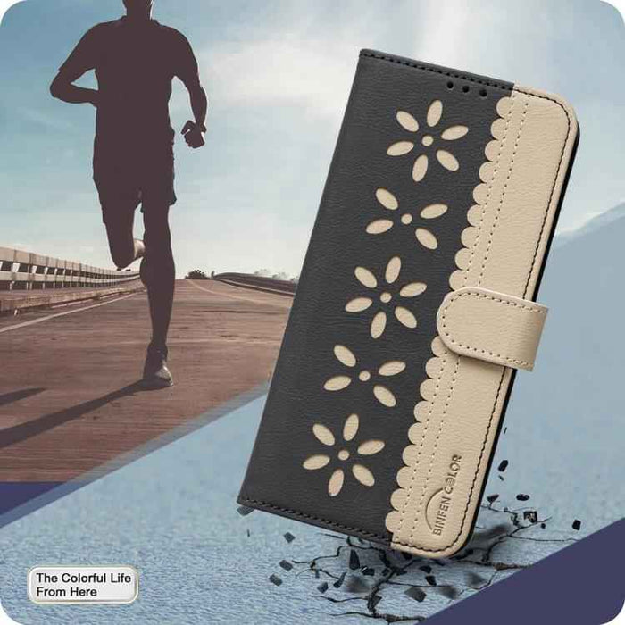 For Samsung Galaxy S25 Ultra 5G Splicing Color Hollow Flower Pattern RFID Leather Phone Case(Black)