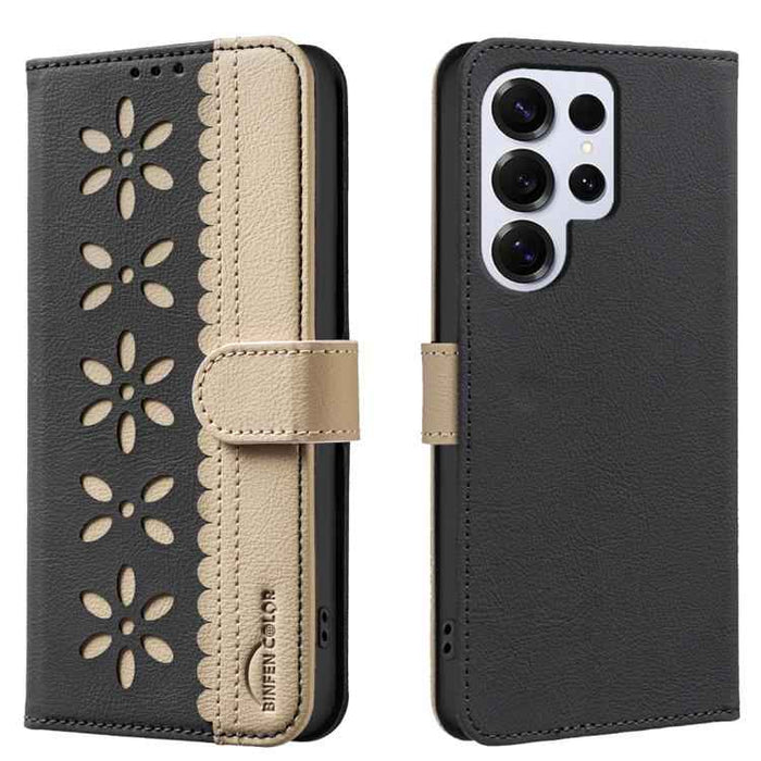 For Samsung Galaxy S25 Ultra 5G Splicing Color Hollow Flower Pattern RFID Leather Phone Case(Black)
