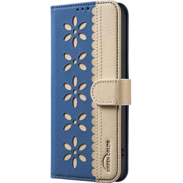 For Samsung Galaxy S25 Ultra 5G Splicing Color Hollow Flower Pattern RFID Leather Phone Case(Dark Blue)