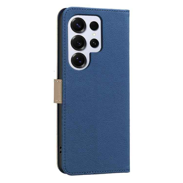 For Samsung Galaxy S25 Ultra 5G Splicing Color Hollow Flower Pattern RFID Leather Phone Case(Dark Blue)