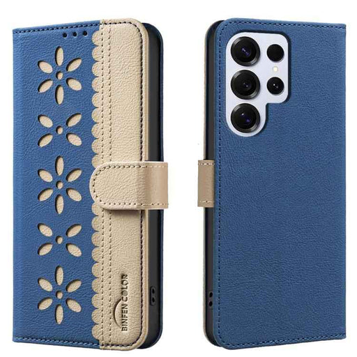 For Samsung Galaxy S25 Ultra 5G Splicing Color Hollow Flower Pattern RFID Leather Phone Case(Dark Blue)
