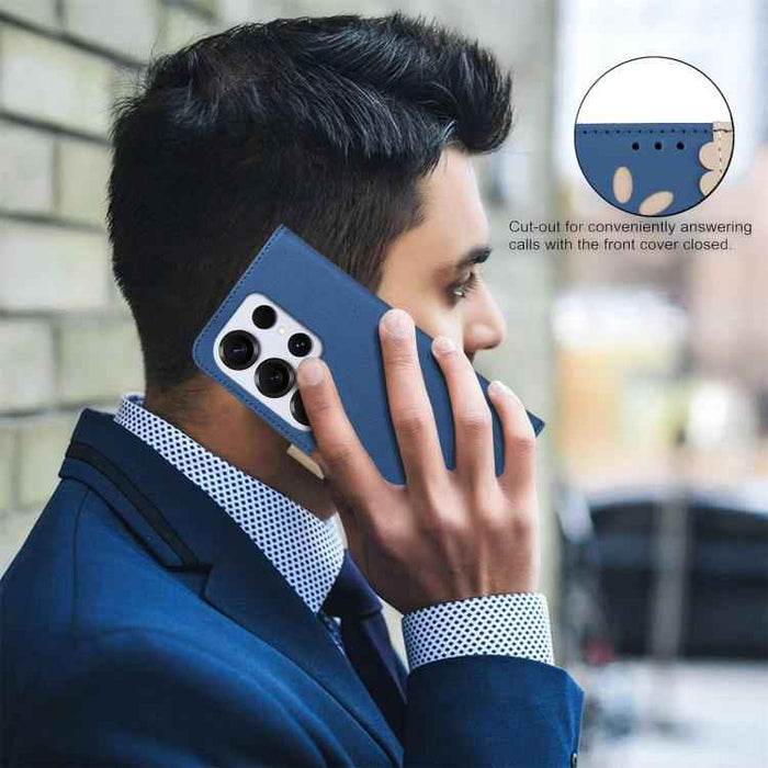 For Samsung Galaxy S25 Ultra 5G Splicing Color Hollow Flower Pattern RFID Leather Phone Case(Dark Blue)