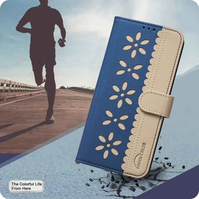 For Samsung Galaxy S25 Ultra 5G Splicing Color Hollow Flower Pattern RFID Leather Phone Case(Dark Blue)