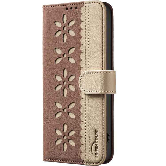 For Samsung Galaxy S25 Ultra 5G Splicing Color Hollow Flower Pattern RFID Leather Phone Case(Brown)