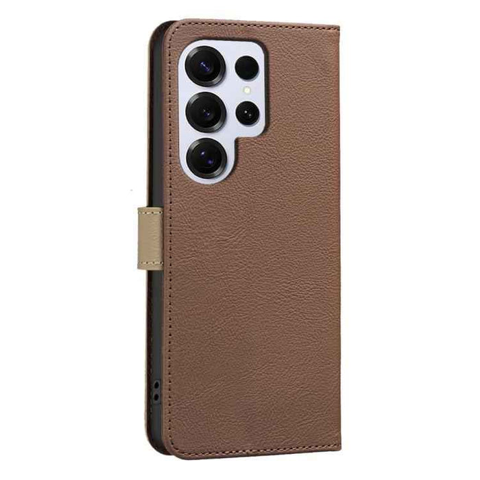 For Samsung Galaxy S25 Ultra 5G Splicing Color Hollow Flower Pattern RFID Leather Phone Case(Brown)