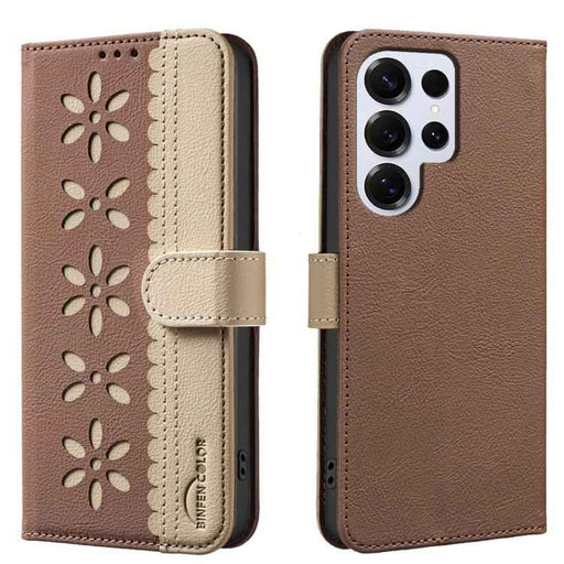 For Samsung Galaxy S25 Ultra 5G Splicing Color Hollow Flower Pattern RFID Leather Phone Case(Brown)
