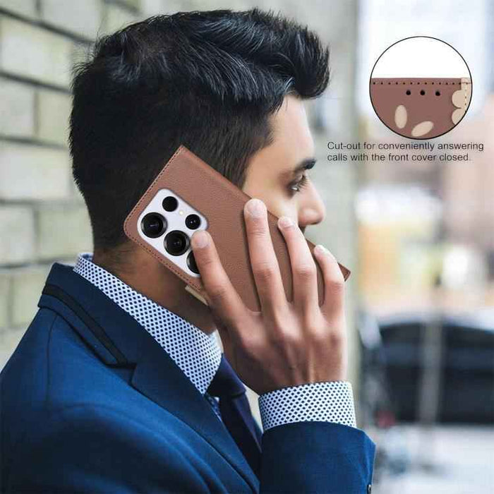 For Samsung Galaxy S25 Ultra 5G Splicing Color Hollow Flower Pattern RFID Leather Phone Case(Brown)