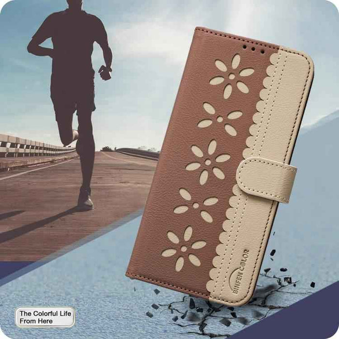 For Samsung Galaxy S25 Ultra 5G Splicing Color Hollow Flower Pattern RFID Leather Phone Case(Brown)