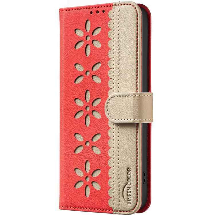 For Samsung Galaxy S25 Ultra 5G Splicing Color Hollow Flower Pattern RFID Leather Phone Case(Red)