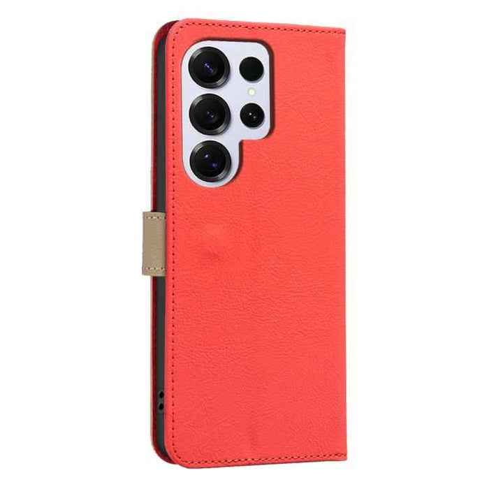 For Samsung Galaxy S25 Ultra 5G Splicing Color Hollow Flower Pattern RFID Leather Phone Case(Red)