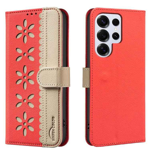 For Samsung Galaxy S25 Ultra 5G Splicing Color Hollow Flower Pattern RFID Leather Phone Case(Red)