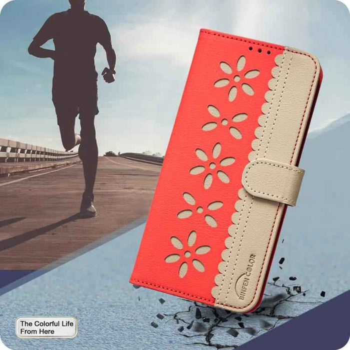 For Samsung Galaxy S25 Ultra 5G Splicing Color Hollow Flower Pattern RFID Leather Phone Case(Red)