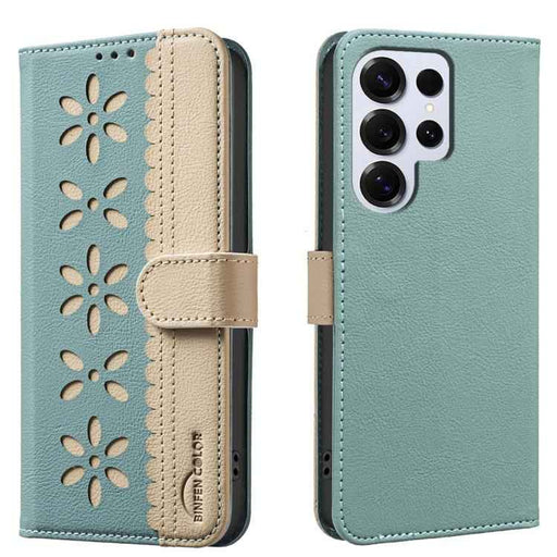 For Samsung Galaxy S25 Ultra 5G Splicing Color Hollow Flower Pattern RFID Leather Phone Case(Green)