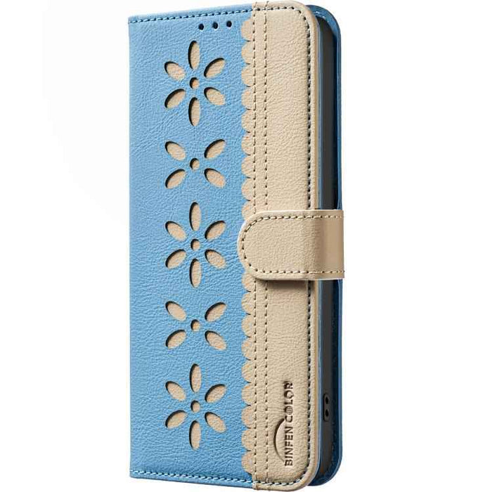 For Samsung Galaxy S25 Ultra 5G Splicing Color Hollow Flower Pattern RFID Leather Phone Case(Baby Blue)