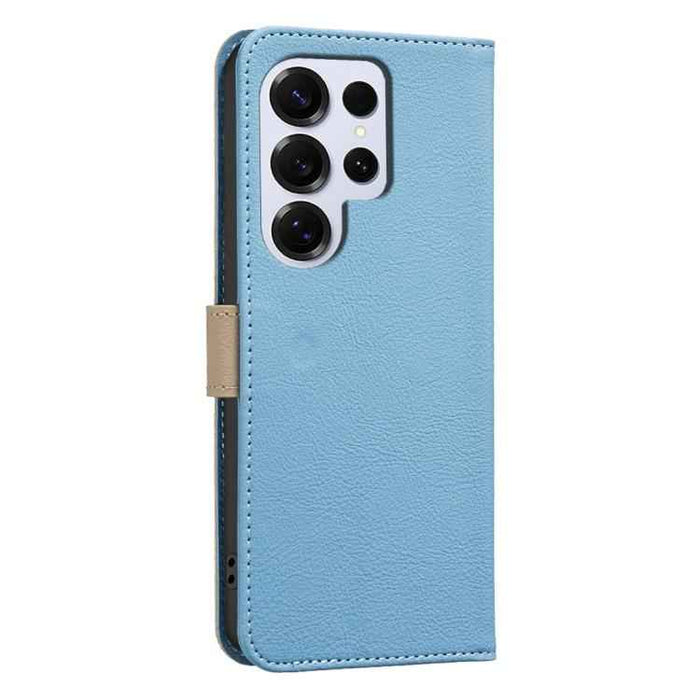 For Samsung Galaxy S25 Ultra 5G Splicing Color Hollow Flower Pattern RFID Leather Phone Case(Baby Blue)