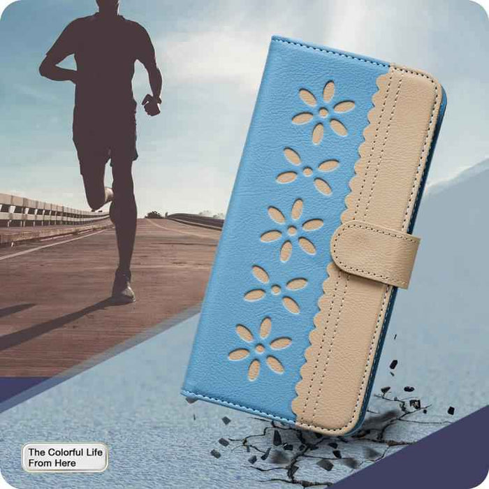 For Samsung Galaxy S25 Ultra 5G Splicing Color Hollow Flower Pattern RFID Leather Phone Case(Baby Blue)