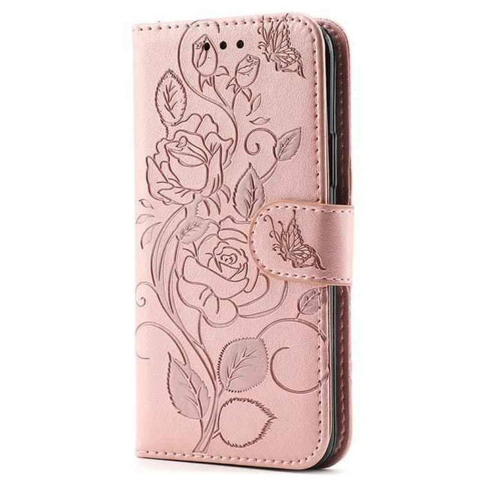 For iPhone 17 Pro Max Rose Butterfly Embossed Leather Phone Case(Rose Gold)