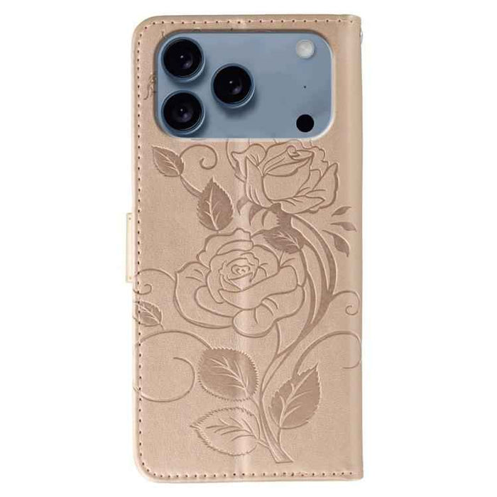 For iPhone 17 Pro Max Rose Butterfly Embossed Leather Phone Case(Rose Gold)