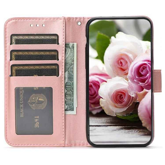 For iPhone 17 Pro Max Rose Butterfly Embossed Leather Phone Case(Rose Gold)
