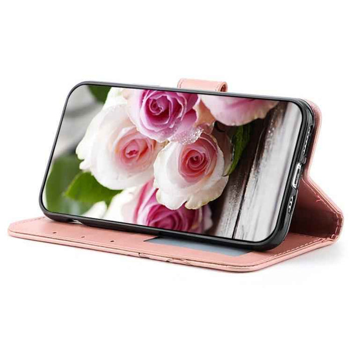 For iPhone 17 Pro Max Rose Butterfly Embossed Leather Phone Case(Rose Gold)