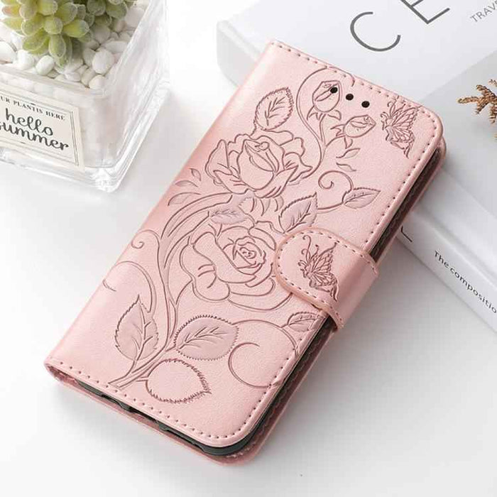For iPhone 17 Pro Max Rose Butterfly Embossed Leather Phone Case(Rose Gold)