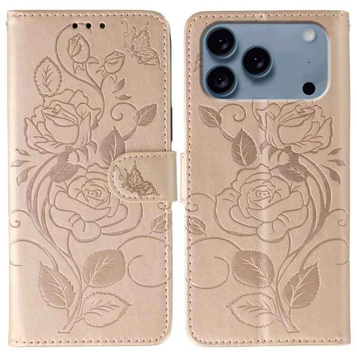 For iPhone 17 Pro Max Rose Butterfly Embossed Leather Phone Case(Rose Gold)