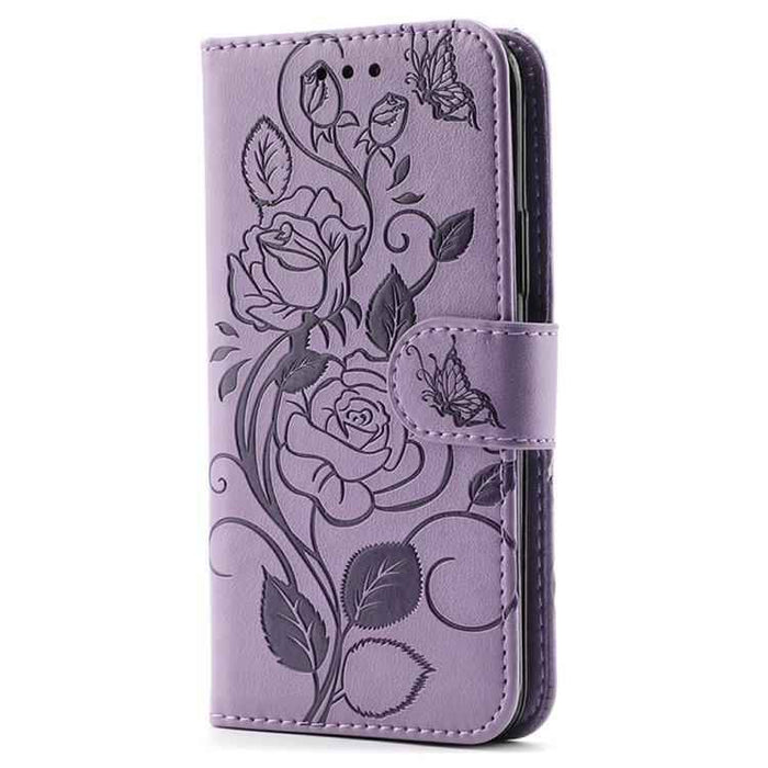 For iPhone 17 Pro Max Rose Butterfly Embossed Leather Phone Case(Purple)