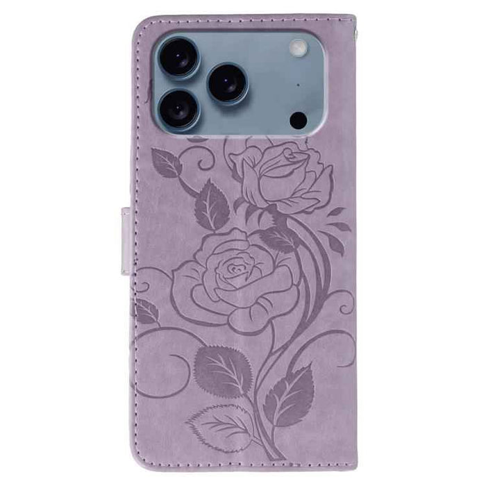 For iPhone 17 Pro Max Rose Butterfly Embossed Leather Phone Case(Purple)