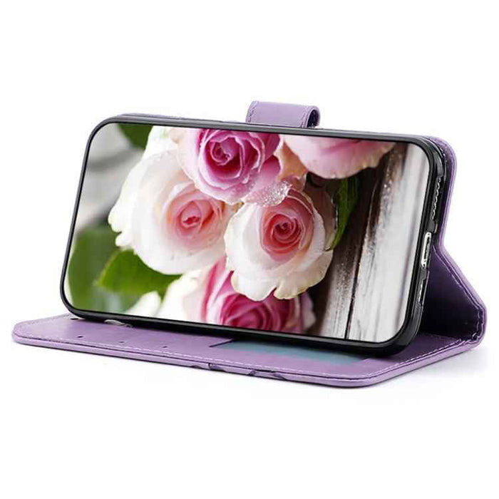 For iPhone 17 Pro Max Rose Butterfly Embossed Leather Phone Case(Purple)