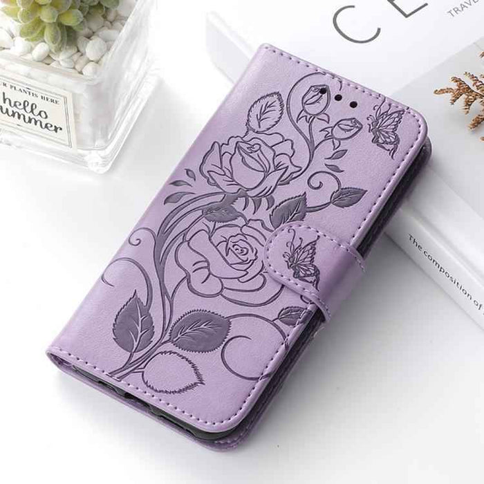 For iPhone 17 Pro Max Rose Butterfly Embossed Leather Phone Case(Purple)