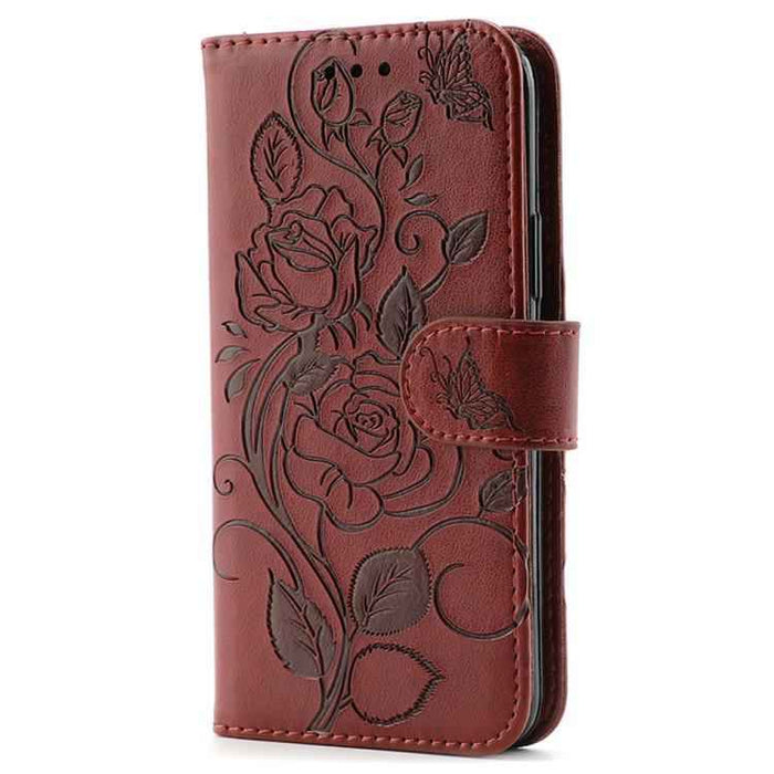 For iPhone 17 Pro Max Rose Butterfly Embossed Leather Phone Case(Brown)