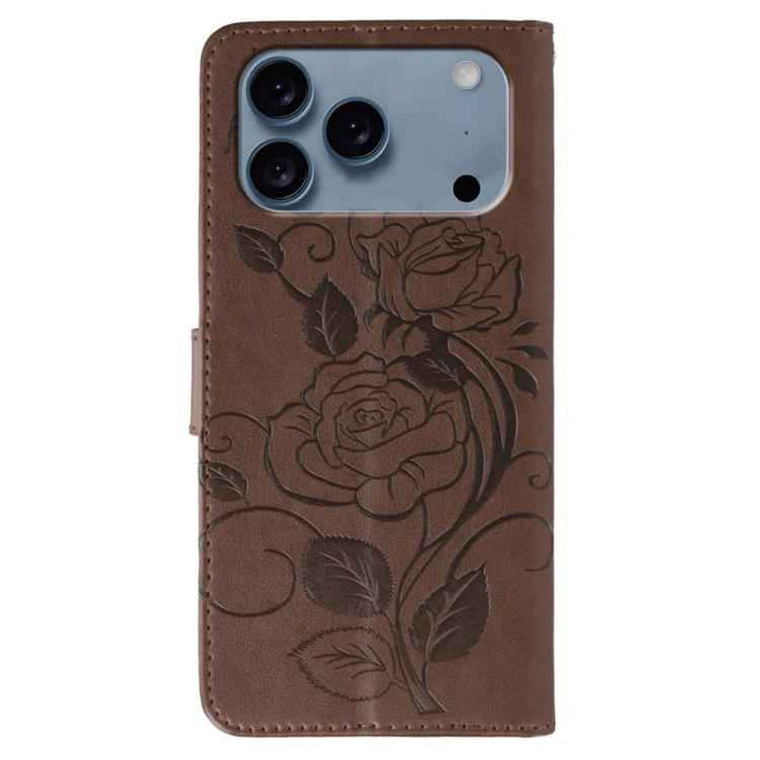 For iPhone 17 Pro Max Rose Butterfly Embossed Leather Phone Case(Brown)