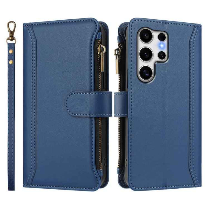 For Samsung Galaxy S25 Ultra 5G Magnetic Closure 9 Card Slots Zipper Leather Case with Hand Strap(Dark Blue)